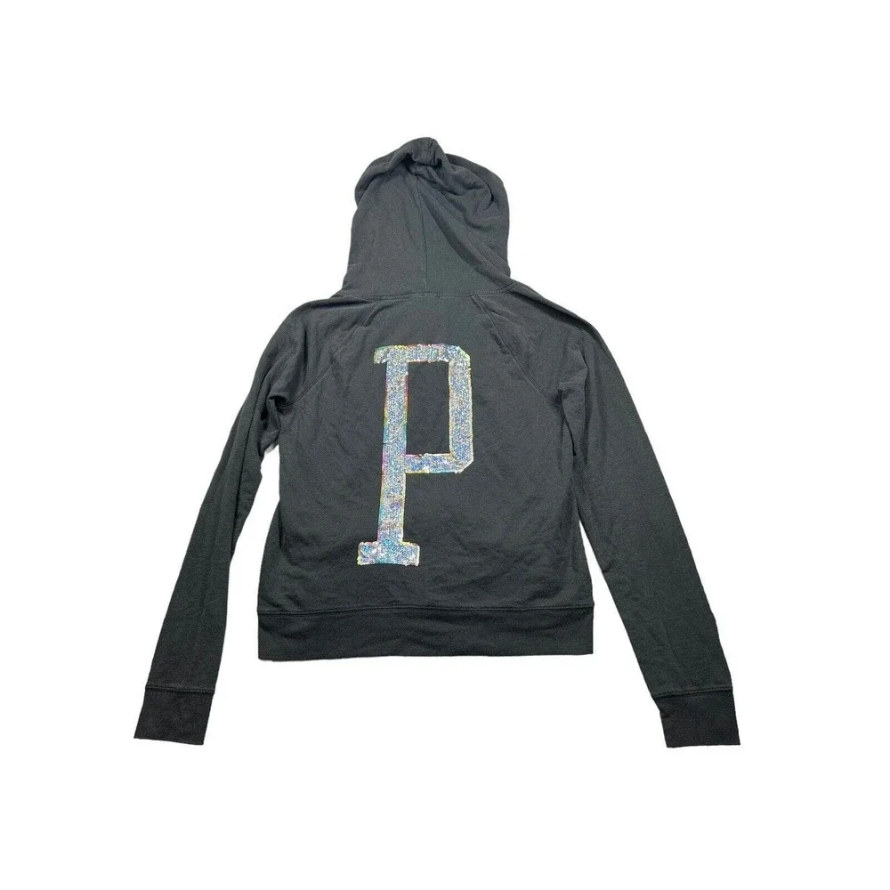 Victoria’s‎ Secret Pink Black Sequin Bling P Logo Full Zip Hoodie L